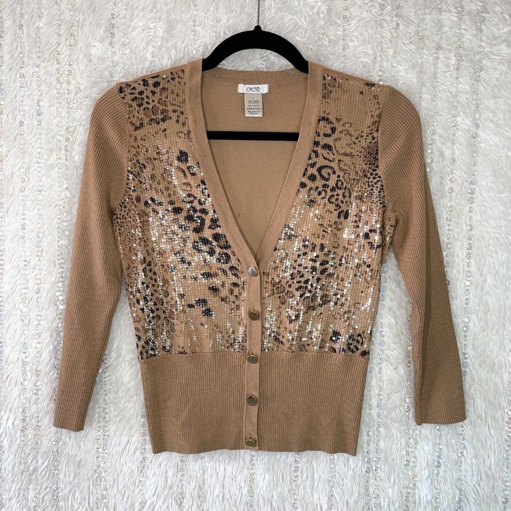 Vintage Cache Cropped Cardigan Sweater SMALL Tan Animal Print Gold Sequin *FLAW*